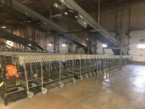 The image shows an industrial warehouse setting with several flexible conveyor systems arranged in parallel lines. These conveyors are on wheels, allowing them to be moved and adjusted as needed. The conveyors consist of metal frames with roller sections for transporting goods. Overhead, there are larger fixed conveyors, likely used to move items to different areas of the warehouse. The space is large and well-lit, with multiple loading dock doors visible in the background. The concrete floor is clean, and the environment appears organized and ready for material handling operations.