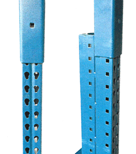 Close-up view of two blue metal pallet rack shelving upright frames. Each upright frame consists of a vertical post with perforated holes for adjustable height settings and a larger, hollow rectangular piece that fits over the post for added support. Both frames have base plates for secure anchoring to the floor. The design is robust, suitable for industrial use in a warehouse or storage facility.