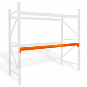 A bright orange pallet rack beam installed on a white racking system. The beam is secured between two upright frames with perforated holes for adjustable shelving heights. The orange beam stands out prominently against the faint outline of the rest of the rack, highlighting its placement and function within the larger structure.