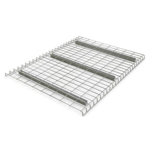 A wire deck made of sturdy metal grid, featuring three reinforced support channels running horizontally. The deck has a flat, rectangular shape, designed to provide a strong and stable surface for storing items on warehouse racking systems. The metal wires are closely spaced to ensure safety and durability.